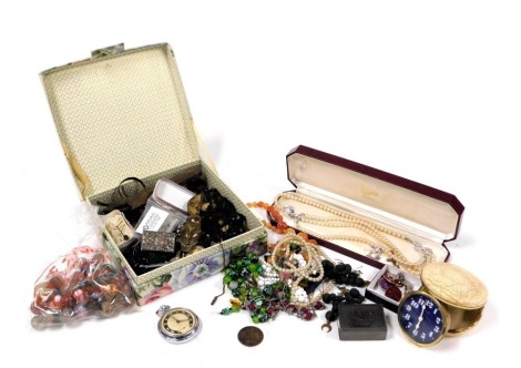 Victorian silver and costume jewellery, including jet beads, a Victorian hair locket, brooch, micro mosaic necklace, together with French jet buttons, silver match sleeve and other collectables.