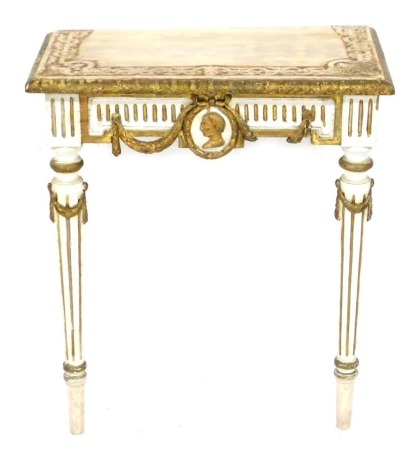 A 19thC Continental Neo Classical gilded and white painted console table, foliate carved rectangular top, above a frieze carved with an oval portrait medallion and garlands, raised on turned and channelled legs, 79cm high, 69cm wide, 37cm deep.