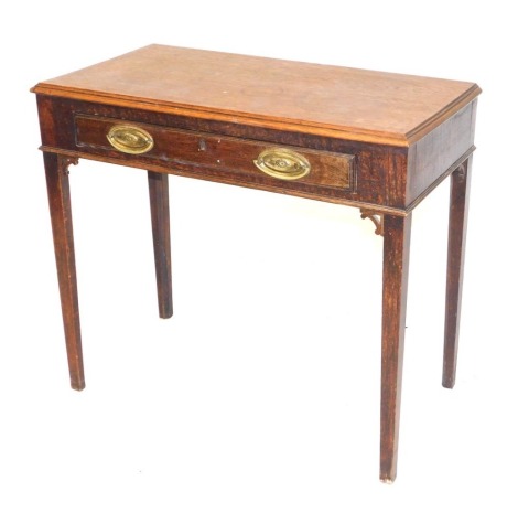 A George III oak side table, with a single frieze drawer, raised on tapering square legs, 72cm high, 82cm wide, 41cm deep.