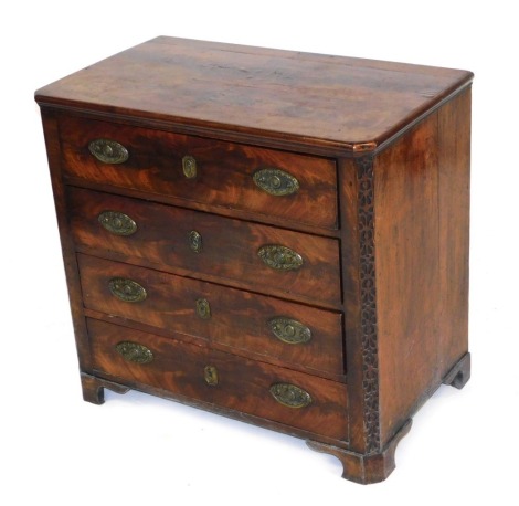 A 19thC Continental mahogany chest, of four long drawers, raised on bracket feet, 72cm high, 77cm wide, 45cm deep.