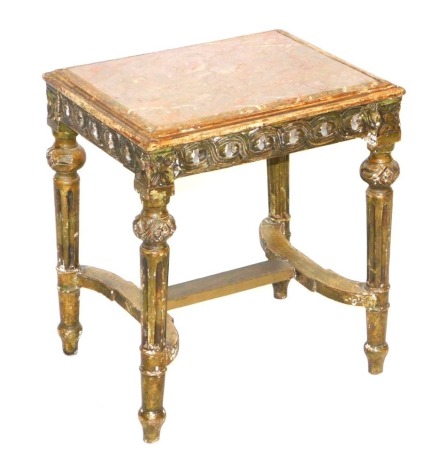 A 19thC Continental gilt wood occasional table, the rectangular top inset with veined grey marble, above a pierced and carved frieze, raised on channelled and ball carved legs, united by a H framed stretcher, 52cm high, 46cm wide, 38cm deep.