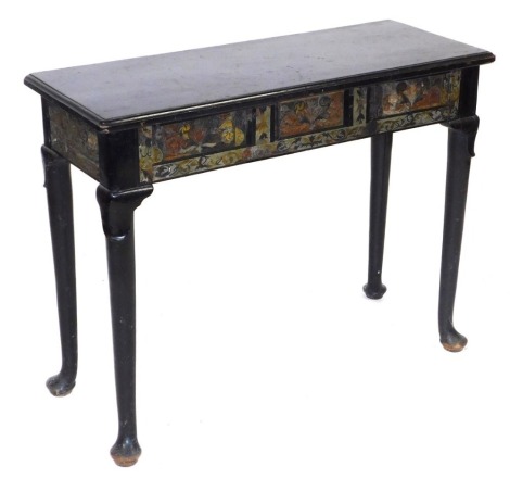 An 18thC French ebonised side table with later Boulle work decoration, with a foliate brass inlaid frieze, raised on turned legs and pad feet, 72cm high, 92cm wide, 36cm deep.