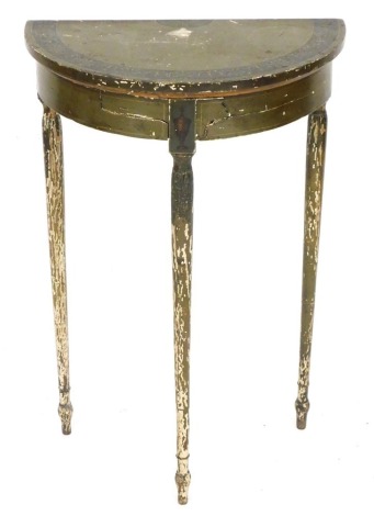 An Adam period painted demi-lune console table, raised on three slender turned legs, 86.5cm high, 57.5cm wide, 32cm deep.