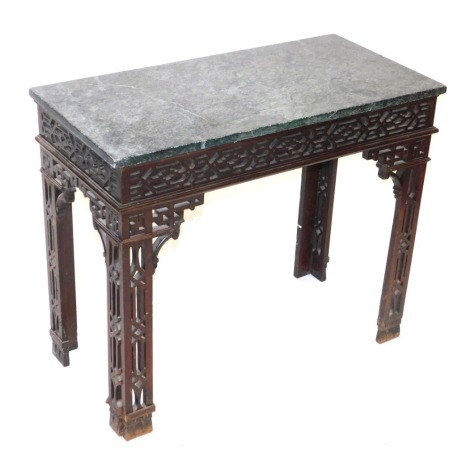 A 19thC Chinese Chippendale style mahogany side table, with a veined green marble top, over a blind fret work frieze, raised on carved straight legs, 75cm high, 89.5cm wide, 44.5cm deep.