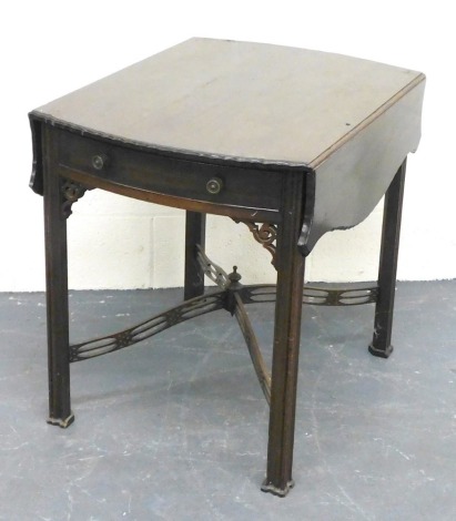 A late 18thC Chinese Chippendale style mahogany Pembroke table, the piecrust top with serpentine flaps, bow fronted carcass with a single frieze drawer, raised on channelled square legs united by a X frame stretcher, 75cm high, 83cm wide, 62.5cm deep, 106