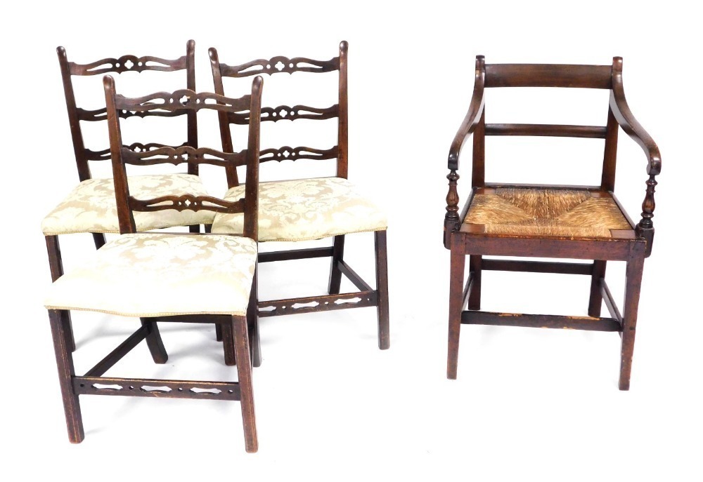 Three mahogany ladder dining chairs, with overstuffed