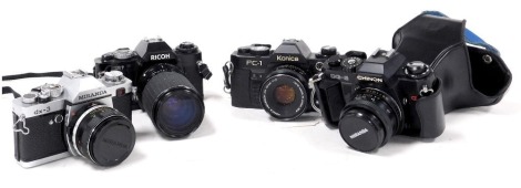 A Ricoh XR7 camera, with a Sigma zoom lens, Miranda dx-3 camera, Konica FC-1 camera, and a Chinon CG-5 camera. (4)