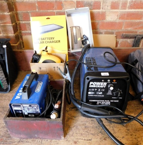 A car battery solar charger, a arc welder 100A by Draper, a Powercraft combination gas mig welder.