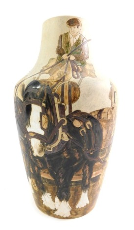 A Burslem pottery vase, of shouldered cylindrical tapering form, with incised decoration depicting horse and cart, buildings, dog, etc., impressed mark and bearing signature to base, STS, S. Shaw, TA Bentley, TAB, and Trial 1, 27cm high.