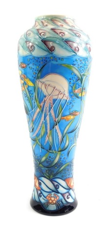 A Moorcroft pottery vase decorated in the South Pacific pattern, designed by Sian Leeper for 2001, limited edition number 246/300, impressed marks to underside and signed, 36cm high.