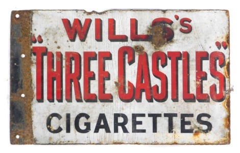 An enamel sign for Wills Three Castles Cigarettes, double sided, black and red lettering against an off white ground, 30cm x 49.5cm.