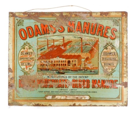 A tin sign for Odams's Manures, paper label for RW Payne Sleaford, 51cm x 64cm. (AF)