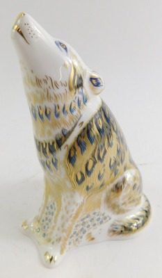 A Royal Crown Derby porcelain paperweight modelled as Wolf, gold stopper and red printed marks, 14cm high, boxed. - 3