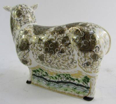 A Royal Crown Derby porcelain paperweight modelled as Jacob Sheep, gold stopper and red printed marks, 11cm high, boxed. - 2