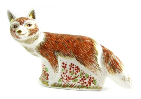 A Royal Crown Derby porcelain paperweight modelled as Mother Fox, gold stopper and grey printed marks, 11cm high, boxed.