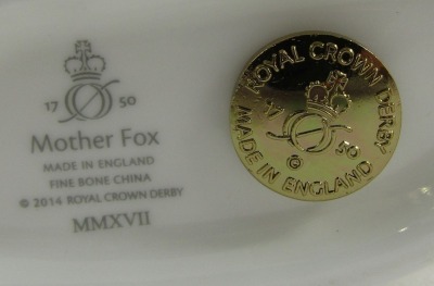 A Royal Crown Derby porcelain paperweight modelled as Mother Fox, gold stopper and grey printed marks, 11cm high, boxed. - 3