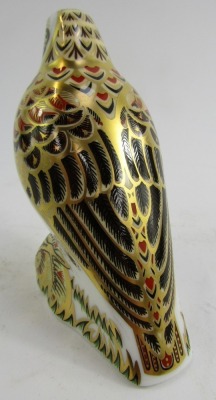 A Royal Crown Derby porcelain paperweight modelled as Song Thrush, gold stopper and red printed marks, 12cm high, boxed. - 2