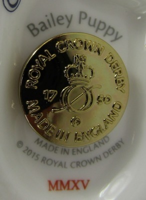 A Royal Crown Derby porcelain paperweight modelled as Bailey Puppy, gold stopper and grey printed marks, 8cm high, boxed. - 3