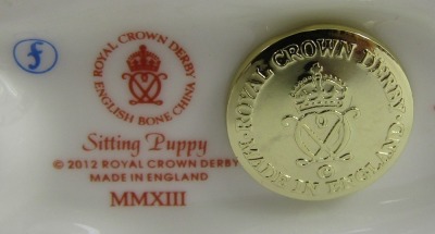 A Royal Crown Derby porcelain paperweight modelled as Sitting Puppy, gold stopper and red printed marks, 8cm high, boxed. - 3