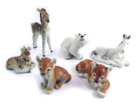 Six USSR animal figures, comprising two seated tiger cubs, polar bear, white shire horse, and two zebras, the largest 19cm high. (6)