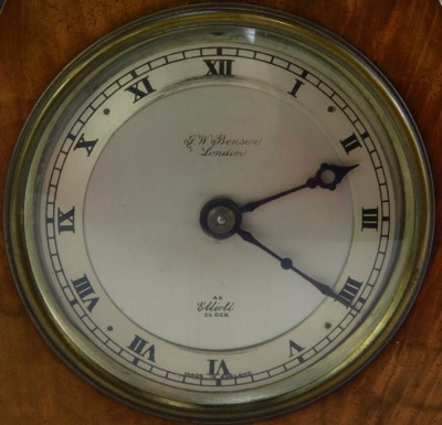 An early 20thC oak and walnut cased Elliott mantel clock, the silvered Roman numeric circular dial bearing name for J W Benson London, key wind, 18cm high. - 2