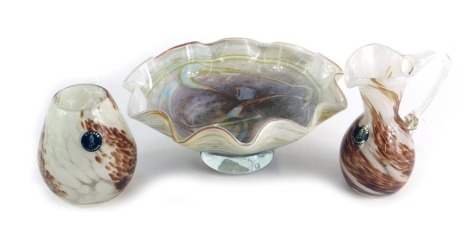 A group of Mtarfa Maltese glass, comprising jug, 13.5cm high, small vase, 10.5cm high, and bowl, 22cm diameter.