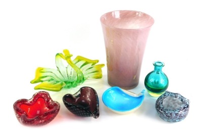 A group of coloured glassware, to include Murano, pink glass vase of tapering cylindrical form, 26cm high, etc.