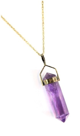 A pendant and chain, comprising a fine link yellow metal neck chain stamped 9ct, 46cm long, with amethyst pendant in plated mount, 4cm high, the chain 0.8g.