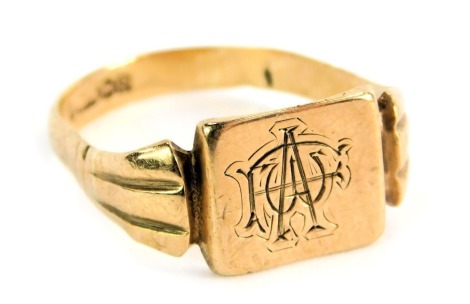 A 9ct gold signet ring, with rectangular panel bearing initials AD, with fanned three splay shoulders, ring size U, misshapen, 3.7g.