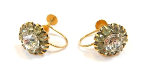 A pair of cluster earrings, each set with imitation diamonds, in a claw setting, in yellow metal frames, unmarked, 2.4g all in.