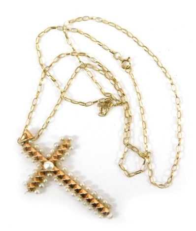 A 19thC French seed pearl cross, the cross 4cm high, on fine curb link neck chain, 48cm long, yellow metal unmarked believed to be 18ct, with purchase receipt from 2017 for £290, 3.8g all in. (AF)