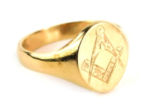 A 9ct gold Masonic signet ring, bearing the compass crest on oval shield, ring size W½, 6g, boxed.