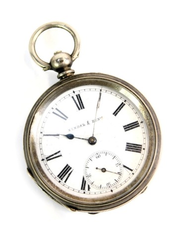 A 19thC Kendel and Dent pocket watch, in an engine turned silver case, with vacant cartouche, on a white enamel Roman numeric dial with seconds dial and blue hands, key wind, white metal stamped 800, 89.5g all in.