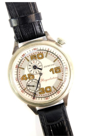 A 1920s Zenith Regulateur watch, with a large stainless steel case, with painted brown numbers, red outer dial, bezel wind, 5cm diameter, on a later black leather strap, the inner case inscribed 5320245 Grand Prix Paris 1900, the movement stamped 7086755.