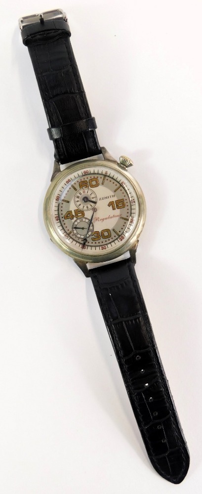 A 1920s Zenith Regulateur watch, with a large stainless steel case, with  painted brown numbers, red