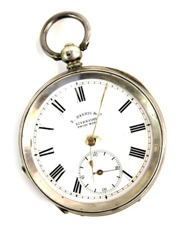 A 19thC E Harris of Liverpool pocket watch, with a white enamel Roman numeric dial, seconds dial and gold hands, key wind, white metal stamped 800 and numbered 228267, with seventeen jewel movement, 91.7g all in. (AF)