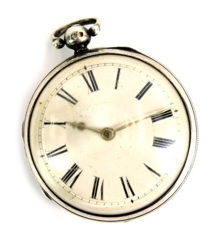 A Victorian silver pair cased pocket watch, with engine engraved case and hourglass domed cover, on a white enamel Roman numeric dial with gold hands, key wind, London 1759, 107g all in.