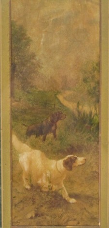 After Spirling (20thC German School). Gun dogs, sepia print with over painting, stamped Berlin, in a green moulded frame, 26cm x 11cm.