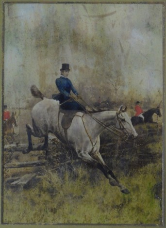 After Thomas Blinks. A hunting scene with lady in full flight on a grey hunter, over painted print, in an oak frame, 25cm x 18cm.