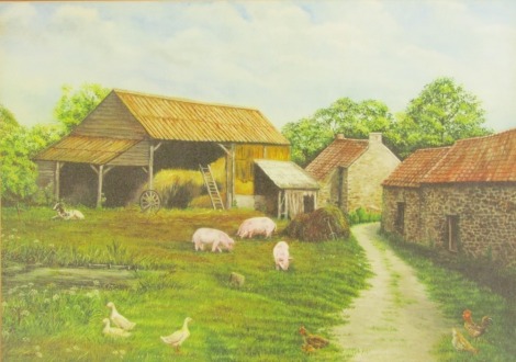 Lindis Maria Colam (20thC School). The Farmyard, with haystack, pigs, geese and chicken, oil on canvas, signed, 38cm x 54cm, framed and glazed.