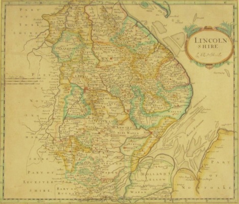 After Robert Morden. A later coloured map of Lincolnshire, 36cm x 42cm, framed.