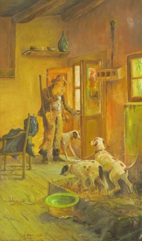 T Mhaf (20thC School). Huntsman with dogs, interior cottage scene, oil on canvas, signed and inscribed 1989, 51cm x 31cm, framed.