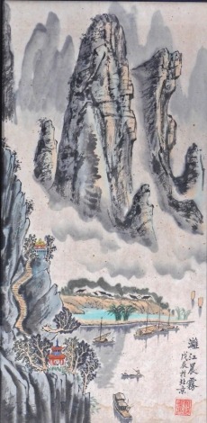 A 20thC Chinese watercolour, of mountains and boats, with red character stamp to right hand side, 65cm x 32cm.