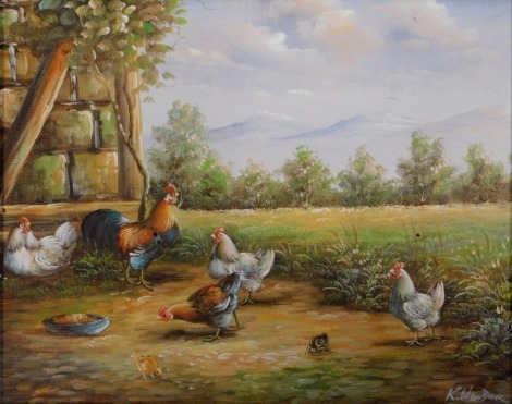 K Wender (20thC School). Hens feeding, oil on canvas, signed, 19cm x 23cm, in gilt frame.