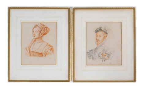 A pair of red crayon drawings, of Robert Dudley Earl of Leicester and Anne Boleyn, 20thC, with titles and dates, 21cm x 16cm.