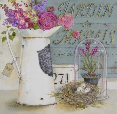 After Kathryn White (20thC). Canvas print depicting enamel ewer containing flowers, nest containing eggs, etc., 66cm x 67cm.