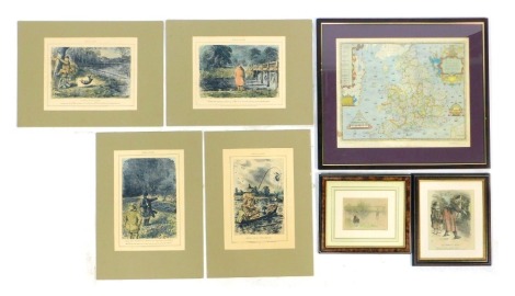 Various pictures, prints, etc., to include after Frank Reynolds, Small Bermondsey Buoy, fishing print, signed in pencil 1928, 12cm x 16cm, reproduction Saxton's Map of England and Wales from 1579, 37cm x 49cm, etc.