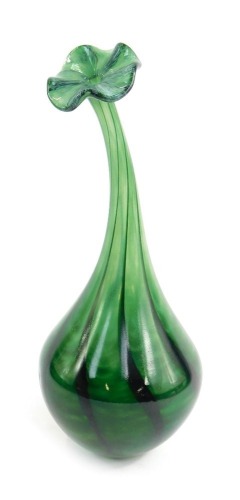 A green marbled glass studio vase by Shaks, of slender drawn tapered form, with bulbous body and flared wavy top, signed, 32cm high.