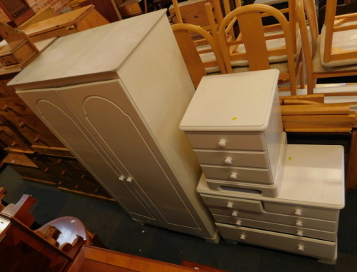 White finish bedroom furniture, comprising double wardrobe, chest of drawers, bedside table, etc. (a quantity)