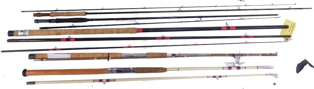 A group of fishing rods, comprising a Daiwa fibreglass rod, Shakespeare  Super Dynamic spinning rod, an